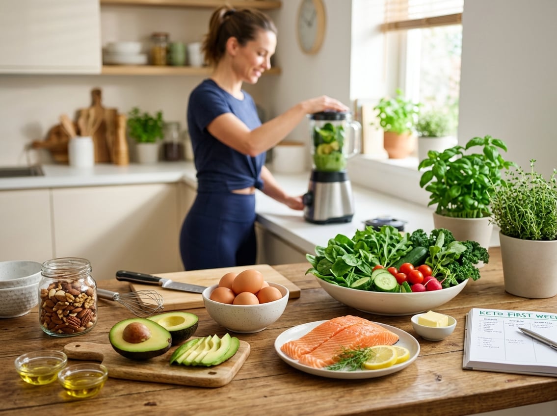 A person preparing a green smoothie in a kitchen with fresh keto-friendly foods like avocados, eggs, nuts, leafy greens, and salmon on the countertop.