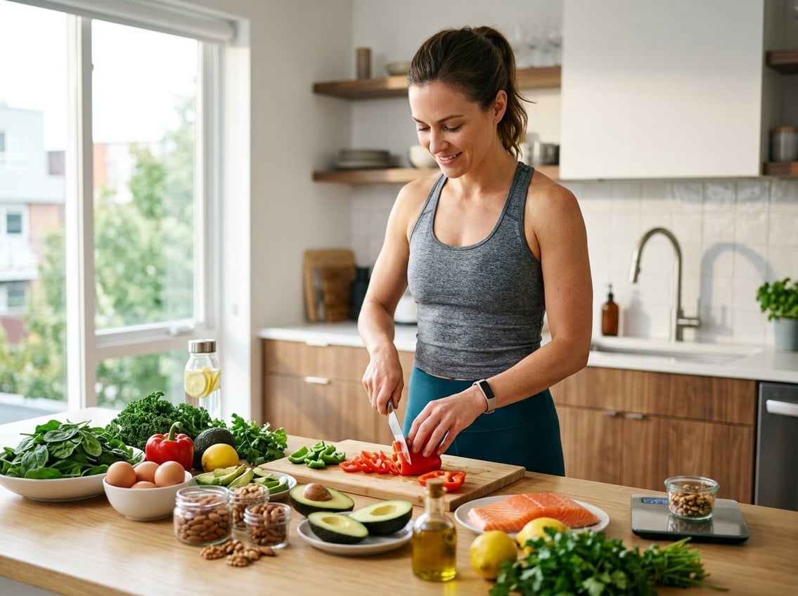 A woman preparing a fresh keto-friendly meal in a bright kitchen with healthy ingredients on the counter.