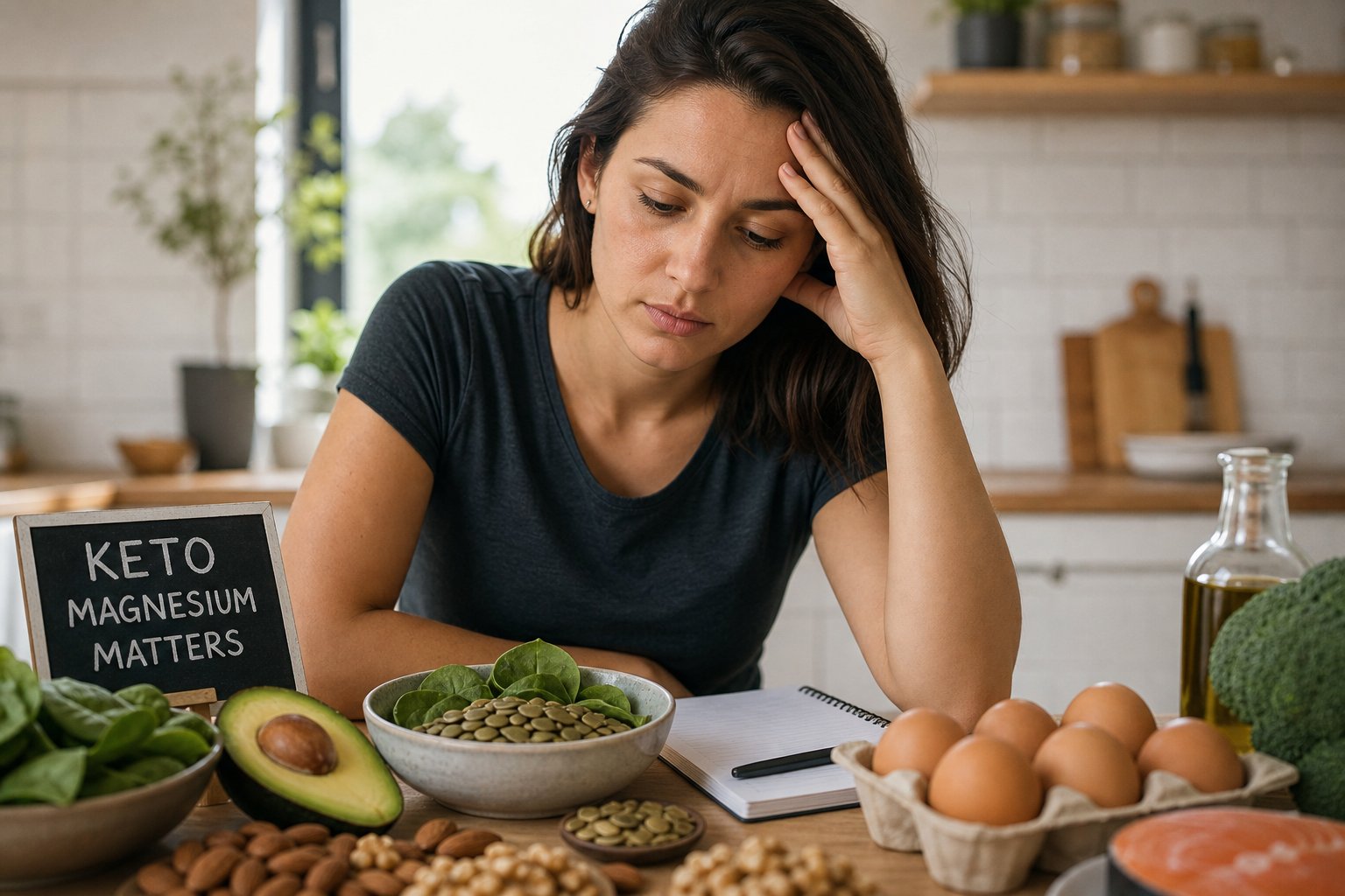 A young adult sitting at a kitchen table with keto-friendly foods, looking thoughtful and slightly tired.