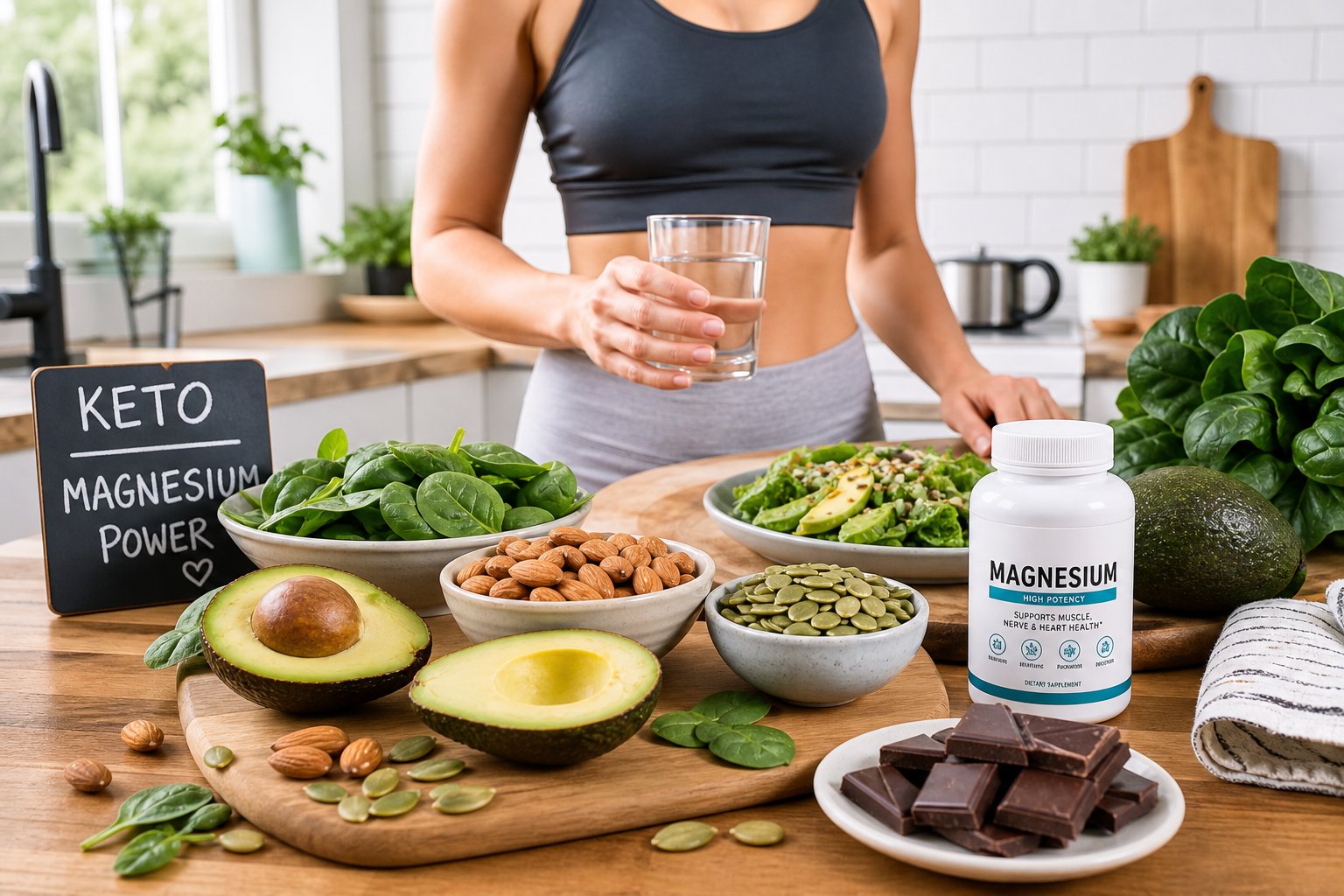 A kitchen countertop with magnesium-rich keto foods like spinach, almonds, pumpkin seeds, avocado, and dark chocolate, with a person preparing a meal in the background.