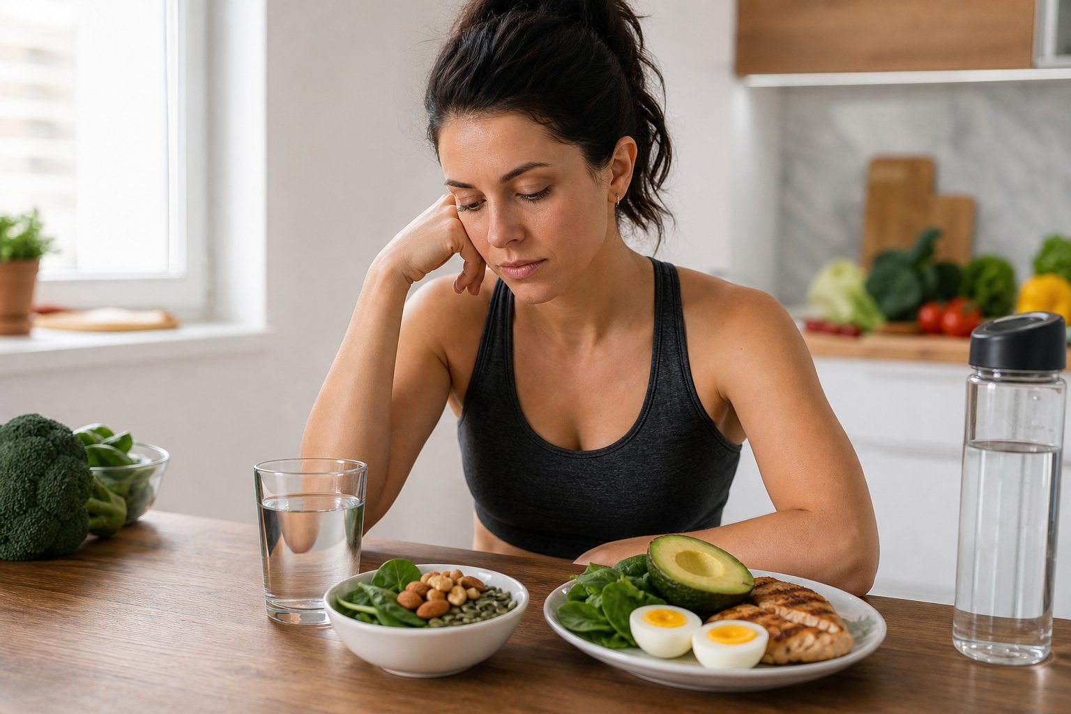 A young woman sitting at a kitchen table with magnesium-rich foods and a keto meal, looking thoughtful and slightly tired.