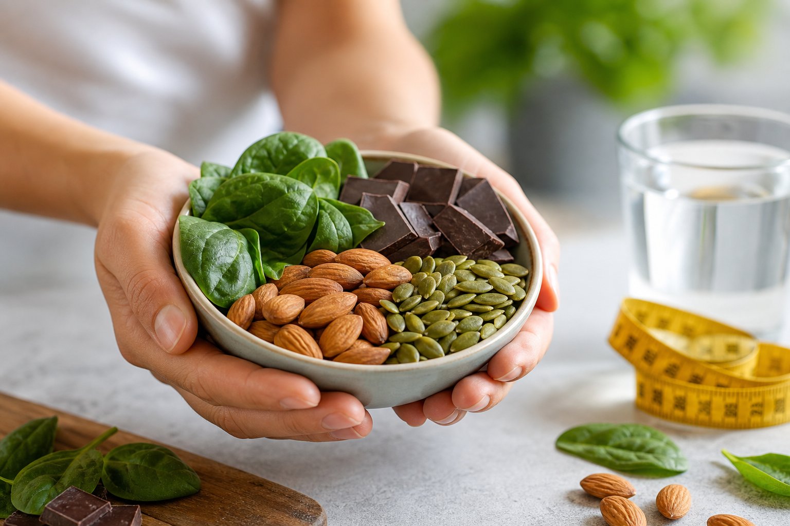Close-up of hands holding a bowl of magnesium-rich foods like almonds, spinach, pumpkin seeds, and dark chocolate in a kitchen setting.