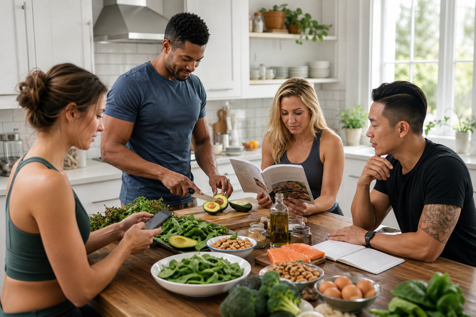 A diverse group of people in a bright kitchen preparing and discussing keto-friendly foods together.
