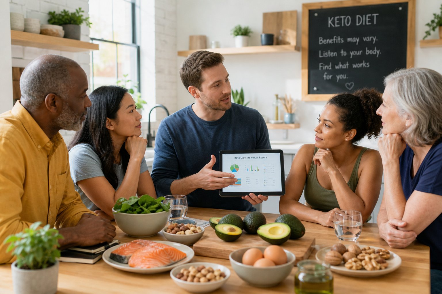 A group of diverse people discussing keto diet in a kitchen with fresh keto foods on the table and a tablet showing data.