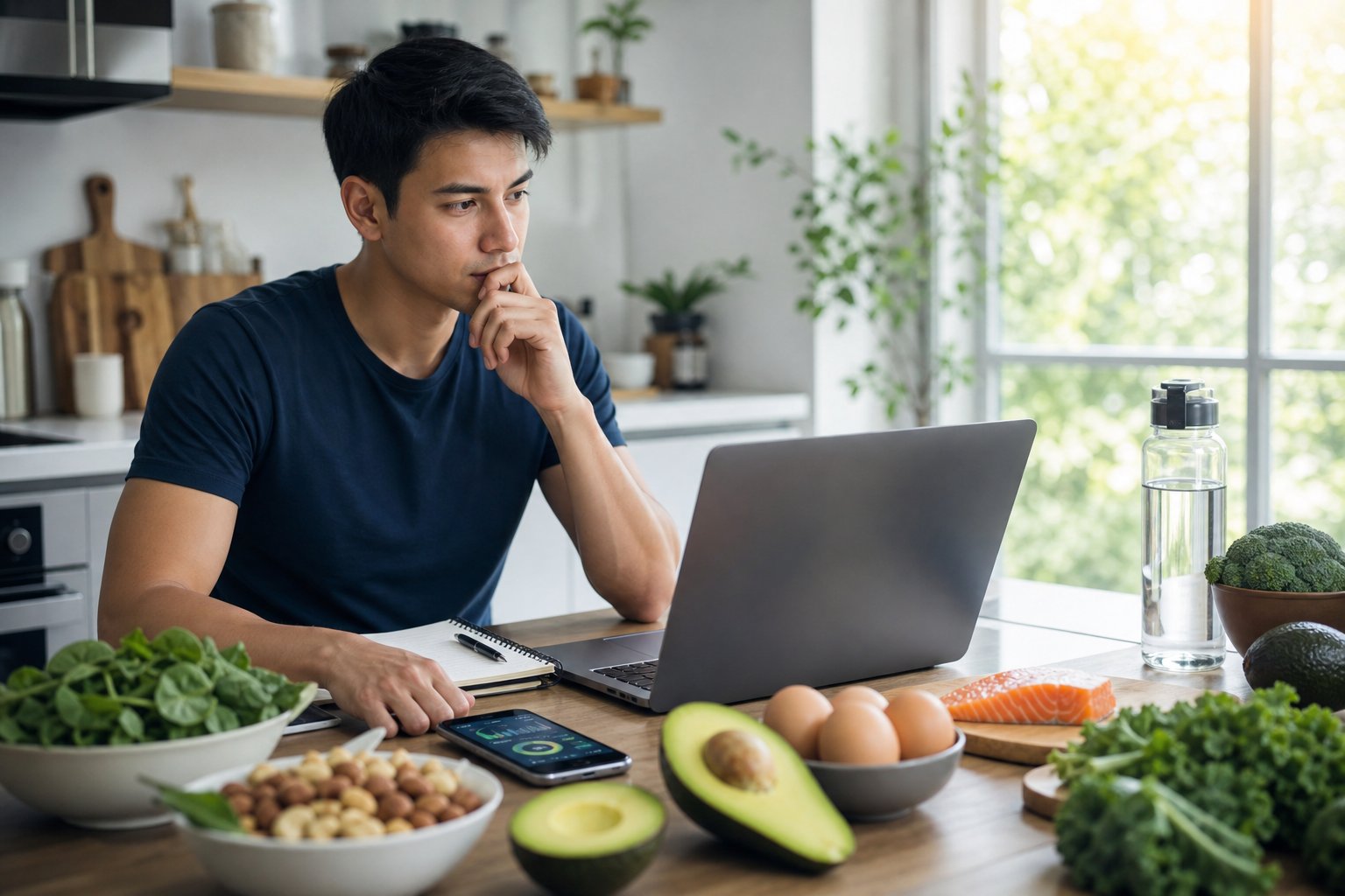 A young adult thoughtfully sitting at a desk with a laptop and keto-friendly foods, appearing to research or analyze diet factors in a bright home setting.