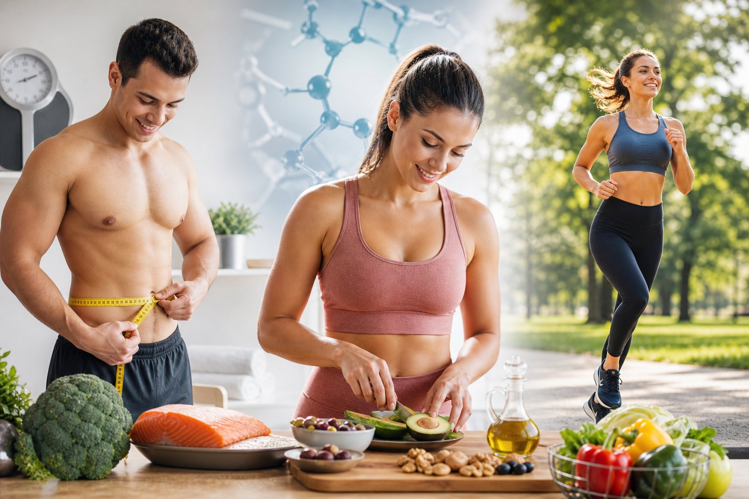 A diverse group of people preparing healthy food, measuring waist size, and exercising outdoors, representing different aspects of weight loss.