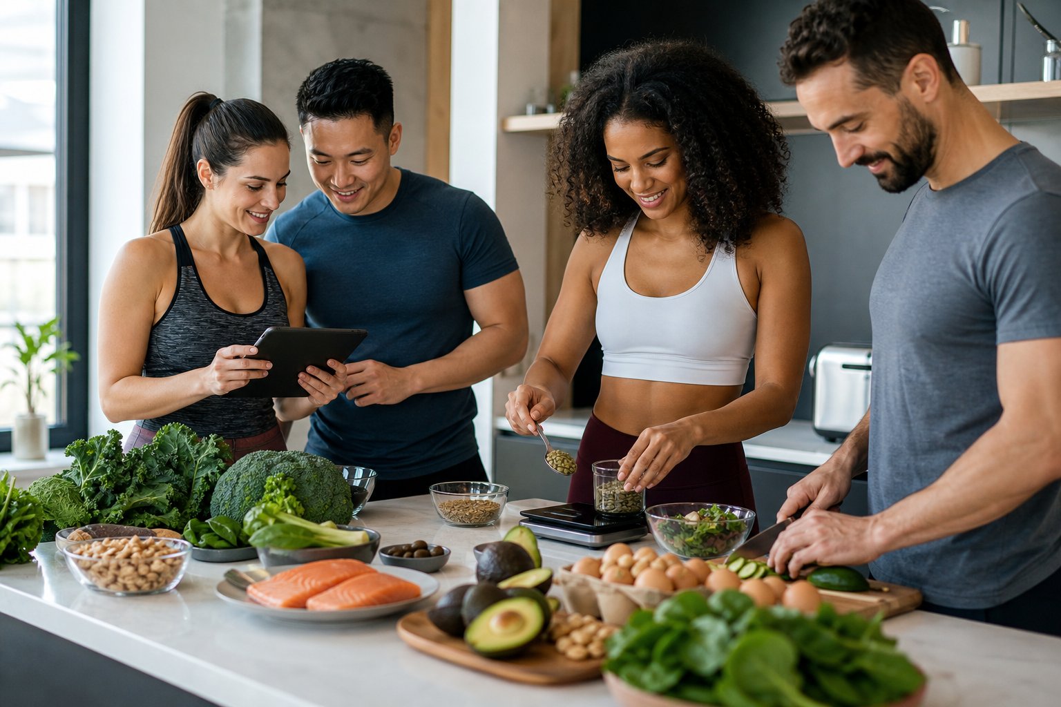 A group of adults preparing healthy ketogenic meals together in a bright kitchen.