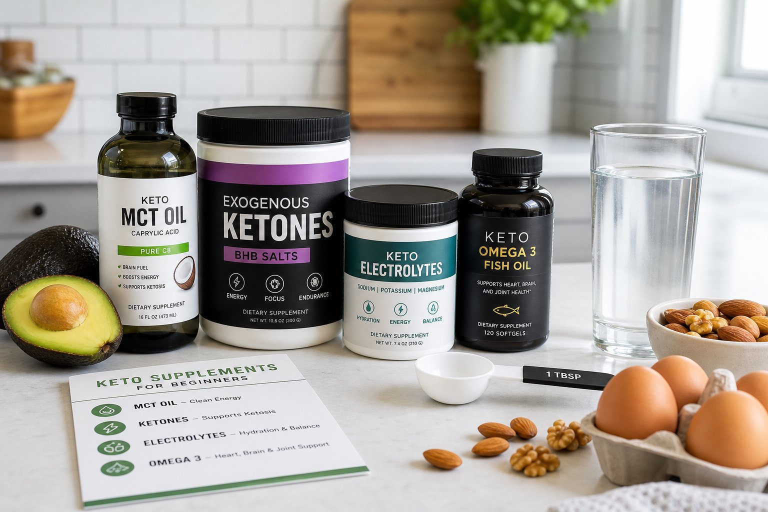 A kitchen countertop displaying keto supplement bottles, fresh keto-friendly foods, a measuring spoon, and a glass of water.
