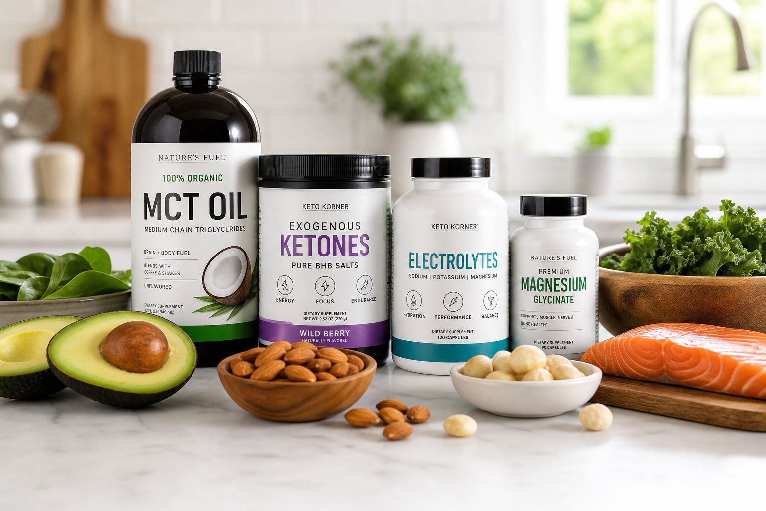 A kitchen countertop with keto supplement bottles and fresh keto-friendly foods like avocados and nuts arranged neatly.
