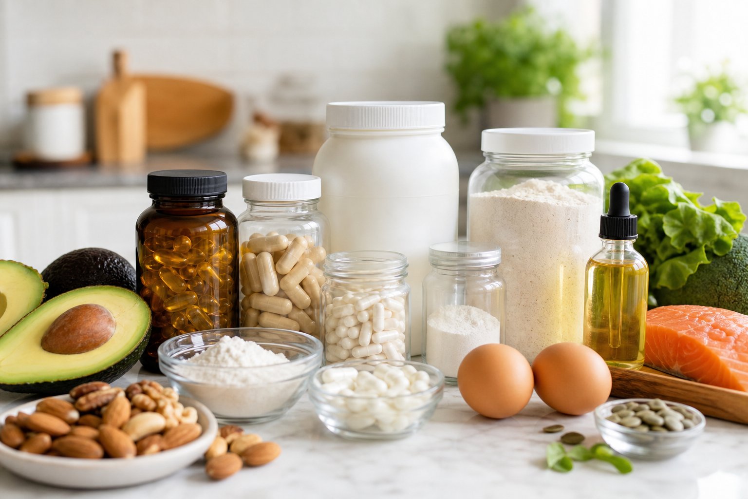 A kitchen countertop with various keto supplements and fresh keto-friendly foods arranged neatly.