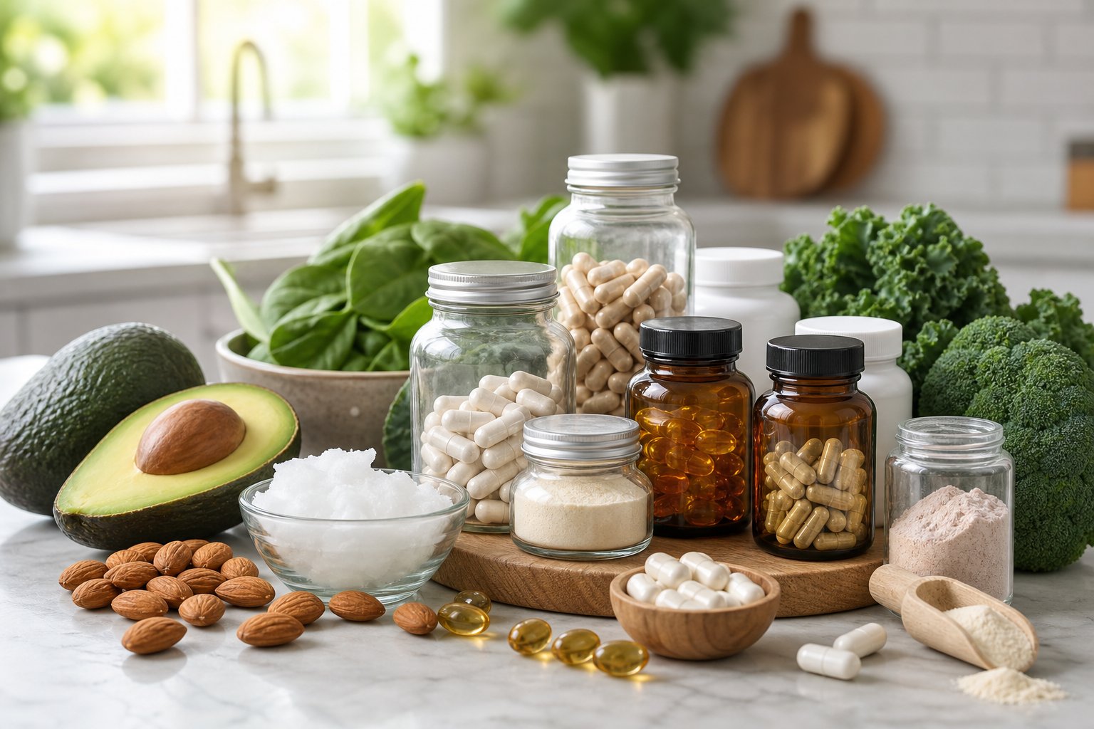 A kitchen countertop displaying various keto supplements alongside fresh avocados, almonds, coconut oil, and leafy greens.