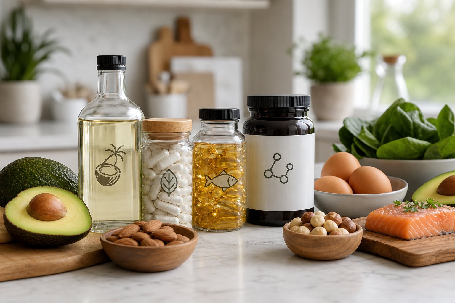A kitchen countertop displaying various keto supplements alongside fresh keto-friendly foods like avocados, nuts, eggs, and leafy greens.