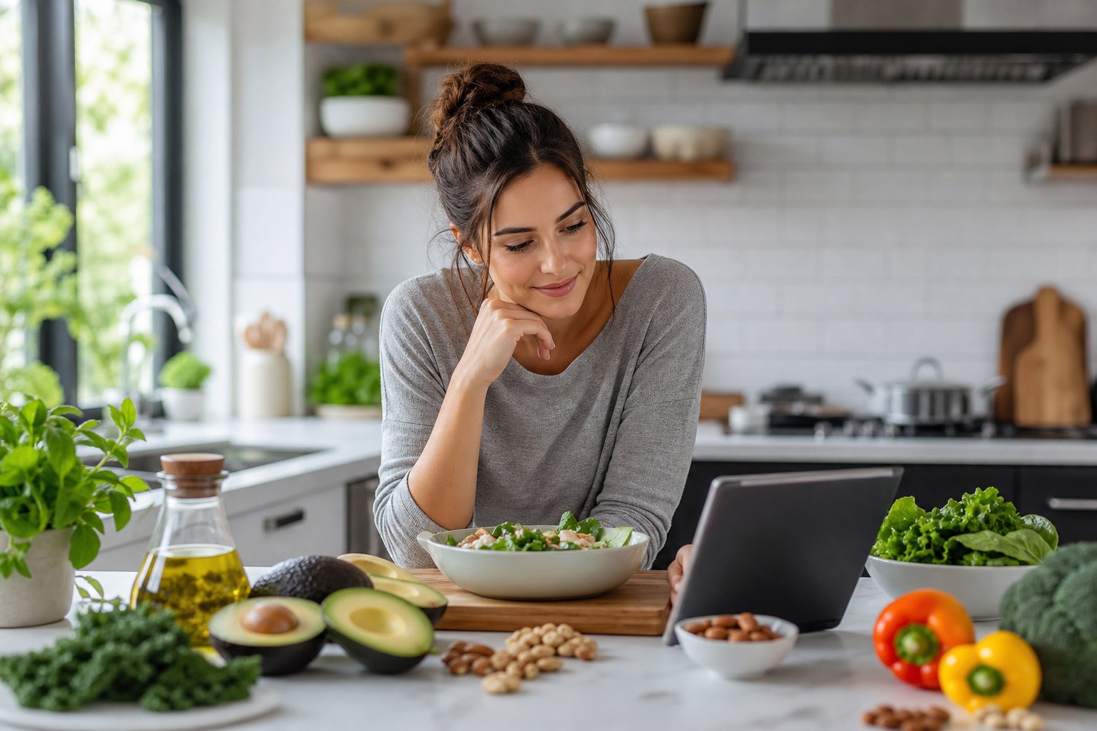 A young woman preparing a keto meal in a bright kitchen with fresh vegetables and a tablet.