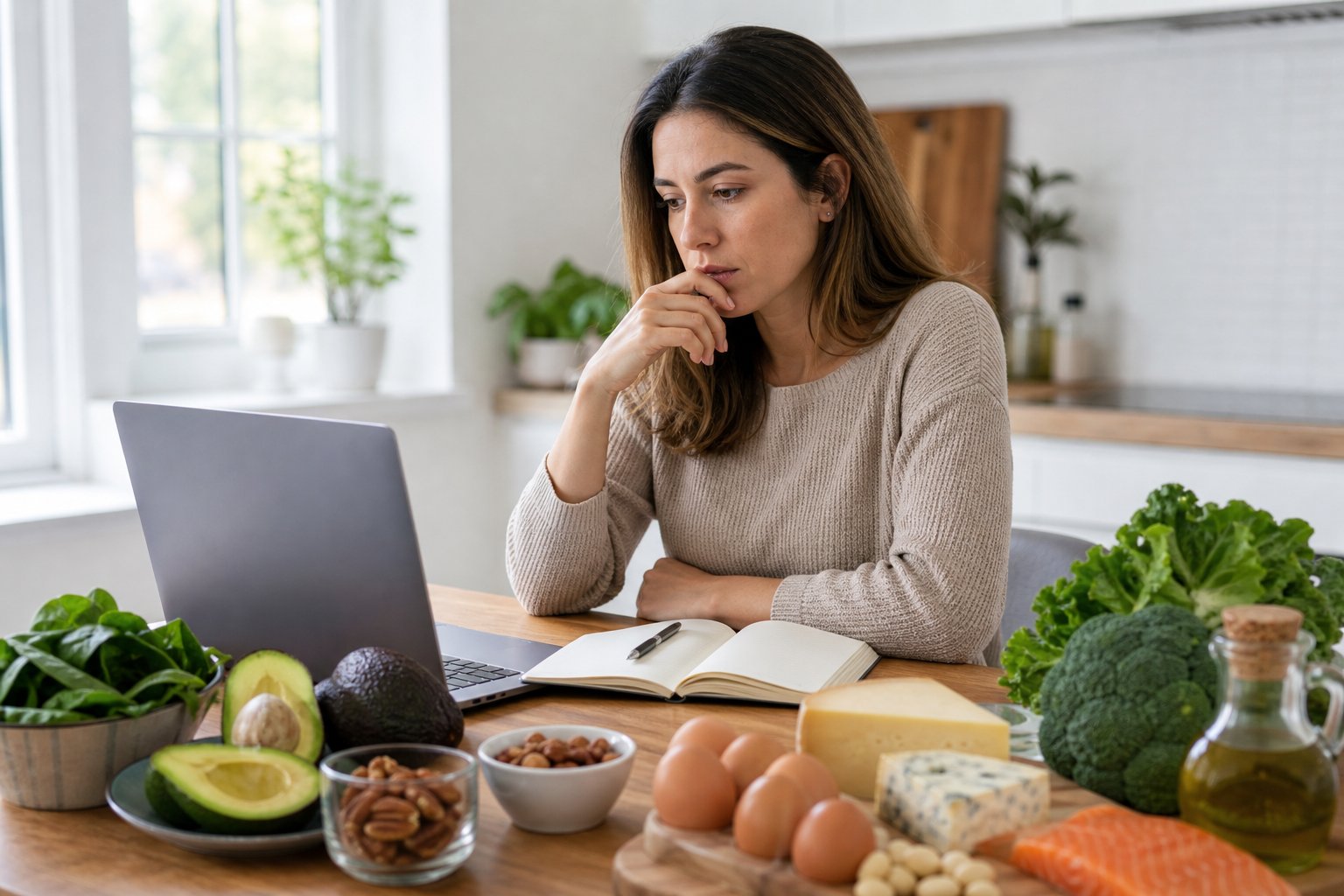 A young woman sitting at a kitchen table with keto-friendly foods, looking thoughtful while using a laptop and notebook.