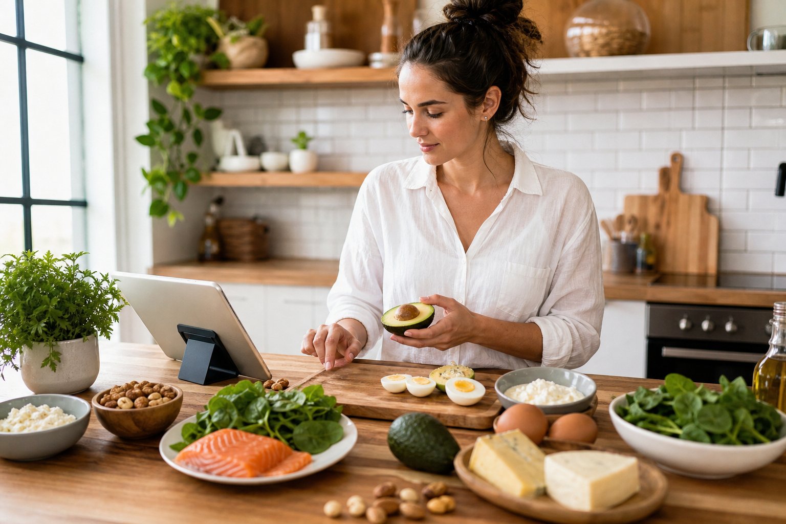 A person preparing a healthy keto meal with fresh ingredients in a bright kitchen.