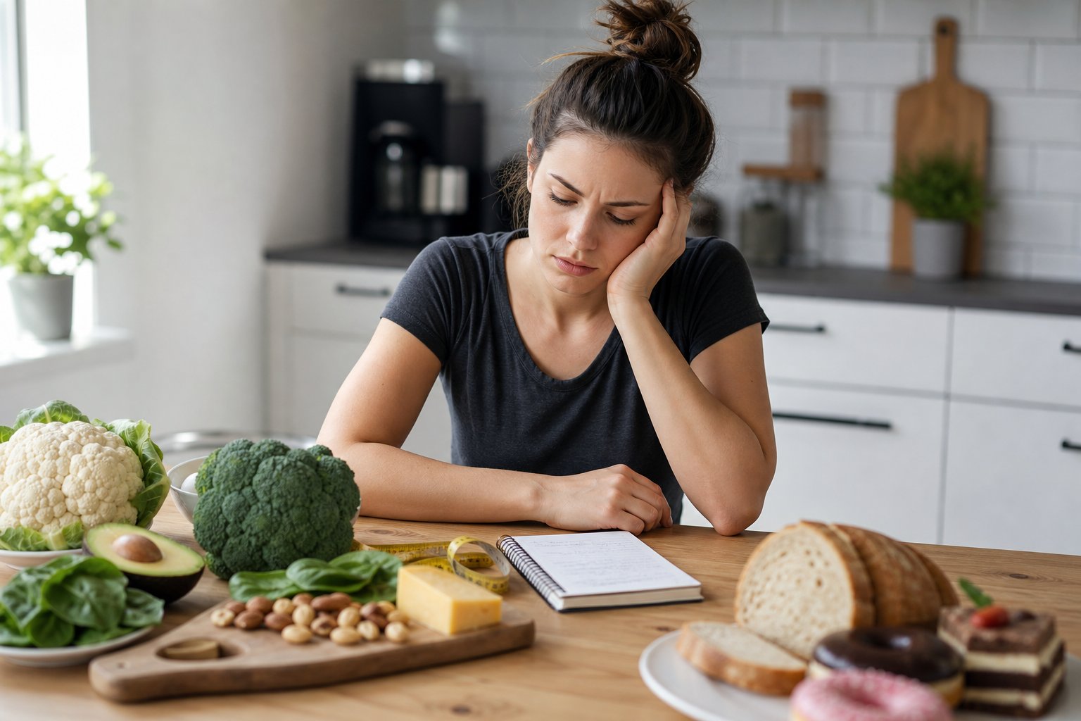 A young woman sitting at a kitchen table looking thoughtful and stressed, surrounded by keto-friendly foods and some restricted items.