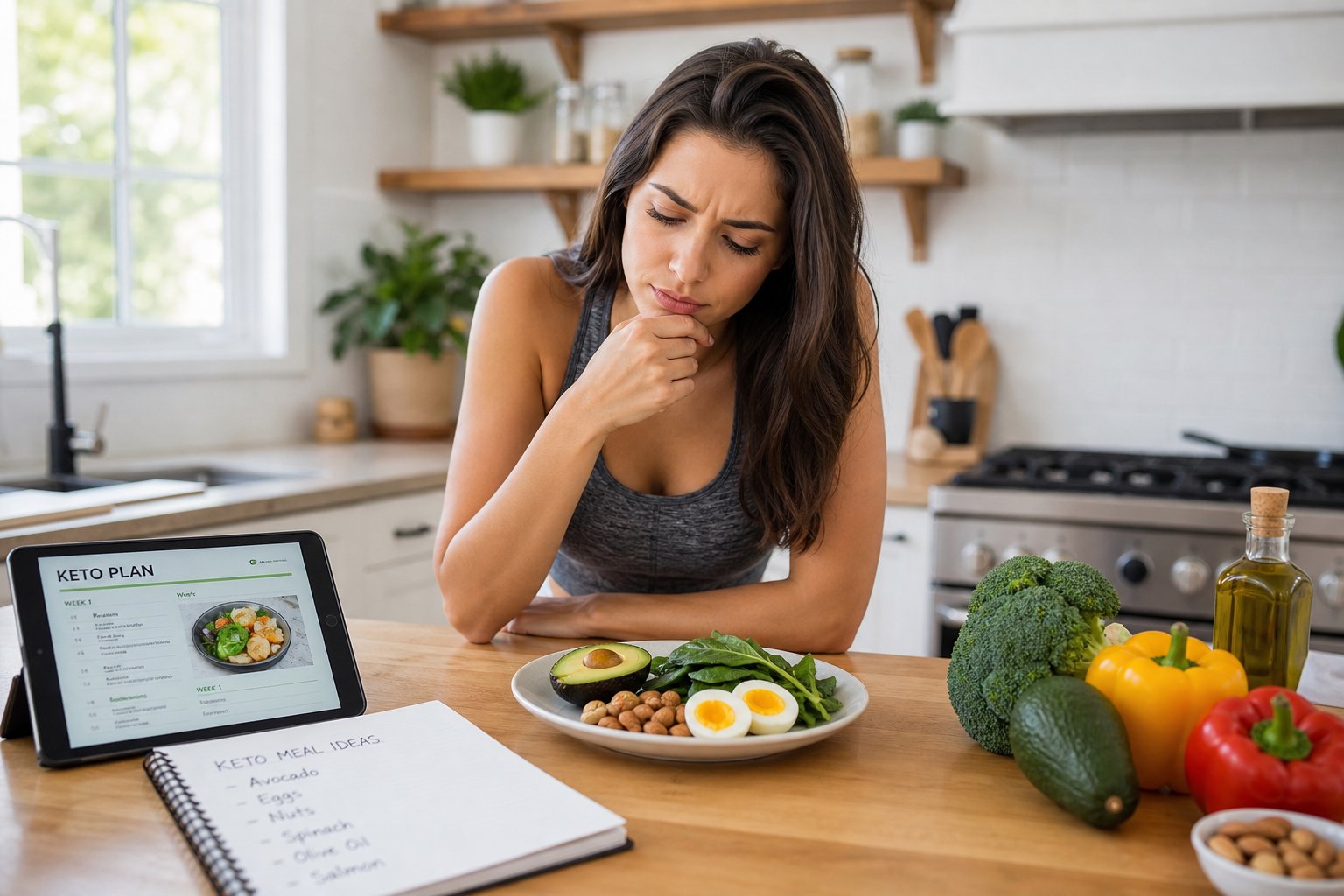 A young adult in a bright kitchen looking thoughtfully at a plate of keto-friendly foods including avocado, eggs, nuts, and leafy greens.