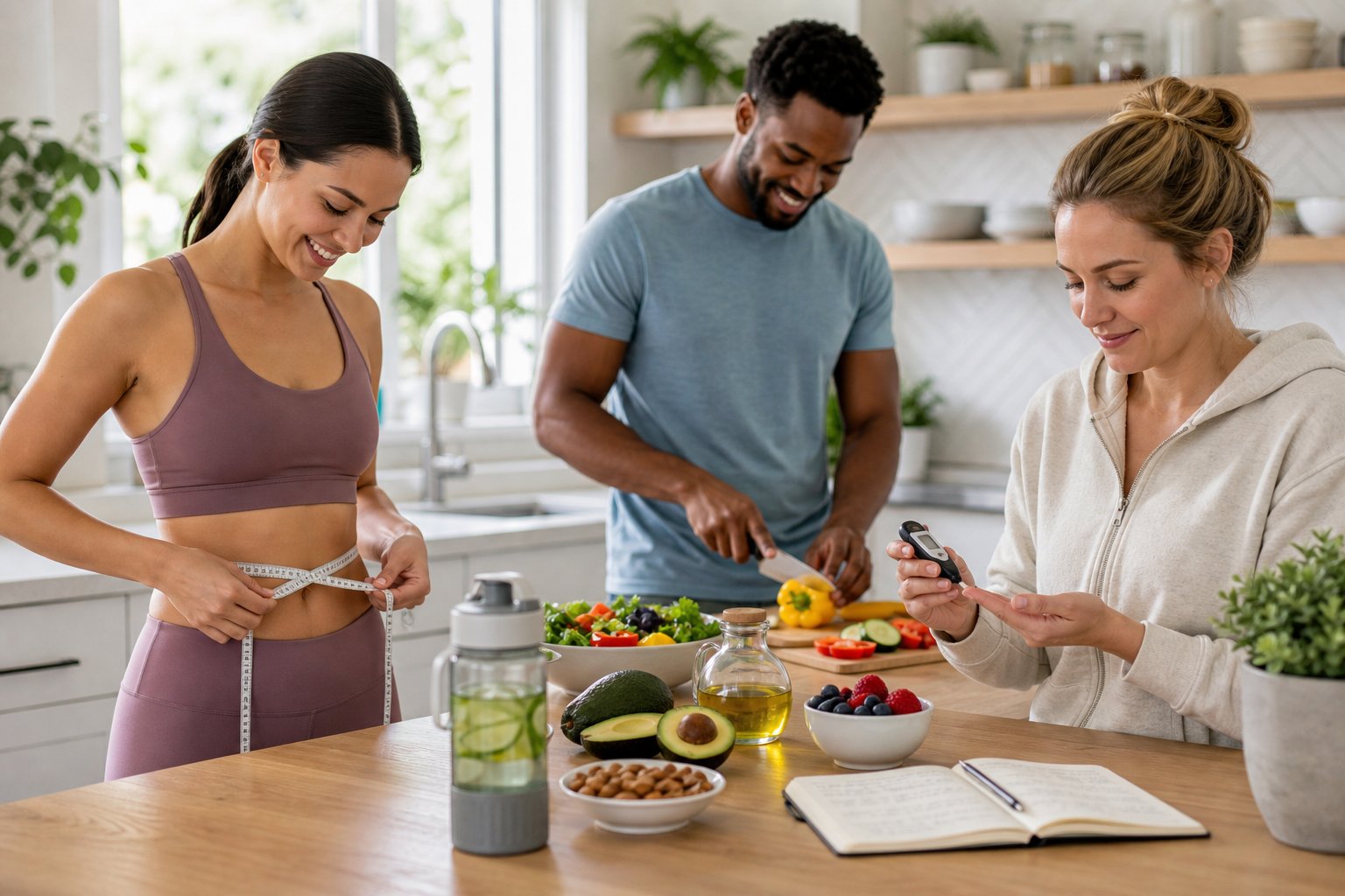 People in a kitchen measuring keto progress through activities like using a tape measure, preparing healthy food, and checking ketone levels.