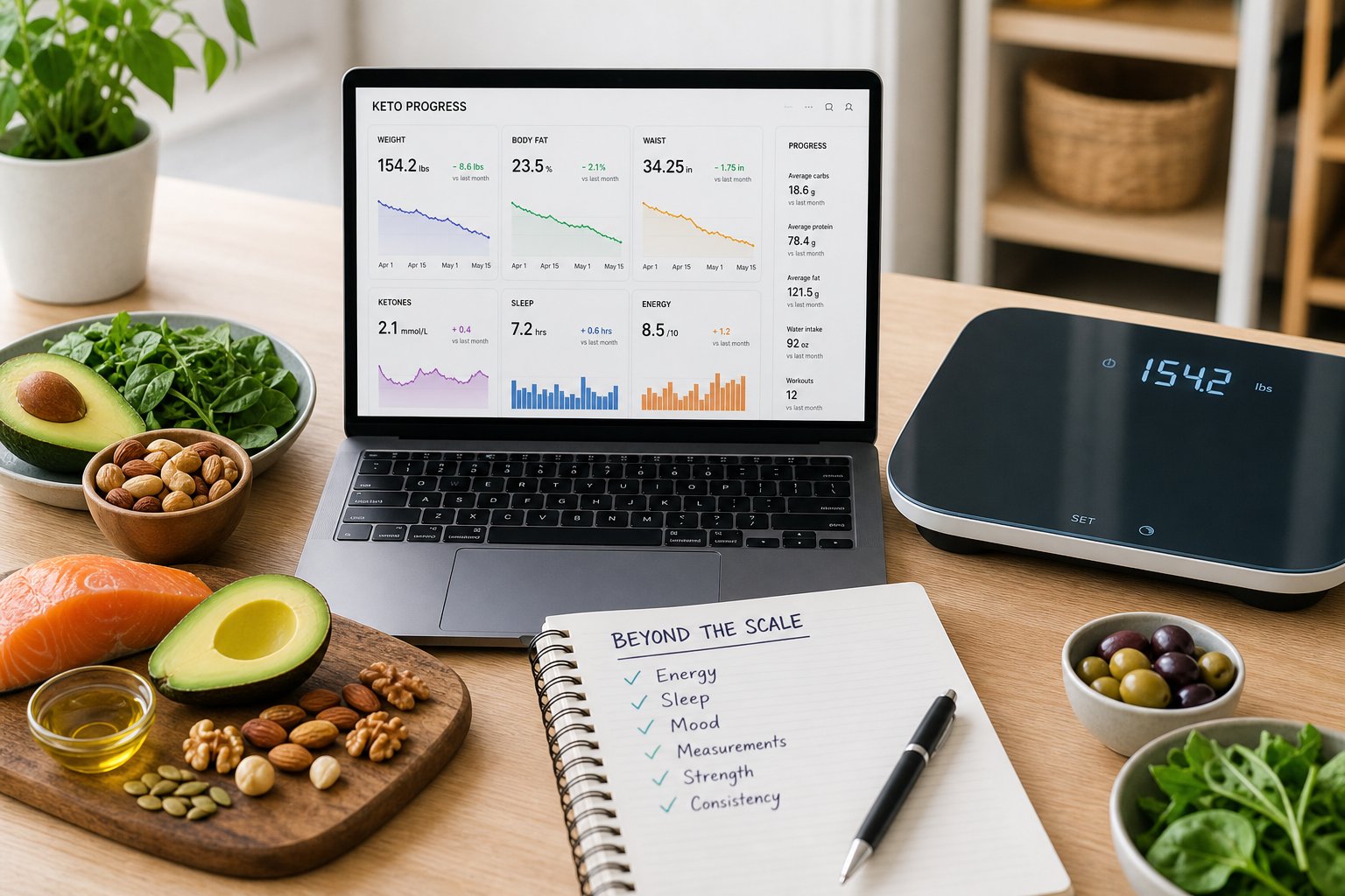 A workspace with a laptop showing health charts, a digital scale, a notebook with notes, and keto-friendly foods like avocados and nuts on a table.
