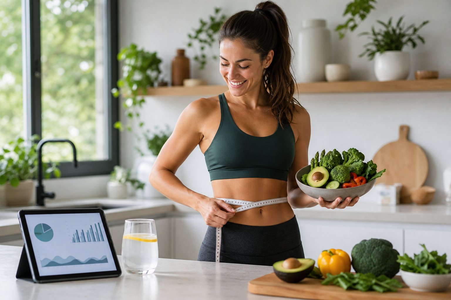 A smiling woman in a kitchen holding a tape measure around her waist and a bowl of keto-friendly vegetables, with a tablet showing health data on the counter.