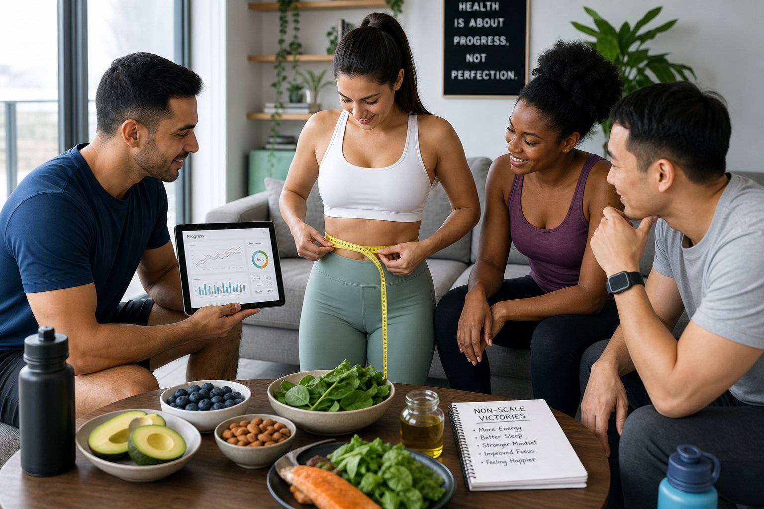 A group of adults measuring body size and reviewing health progress with healthy foods on a table in a bright living room.
