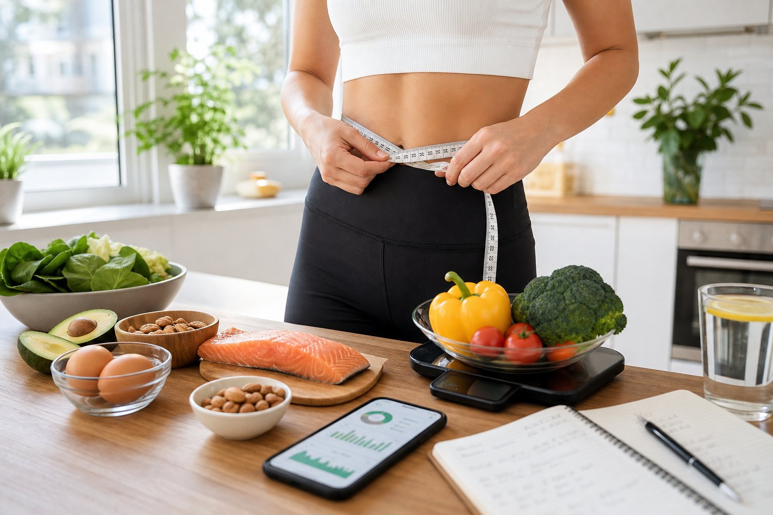 A person measuring their waist with a tape measure next to a table with keto foods, a digital scale, and a smartphone displaying health tracking charts.