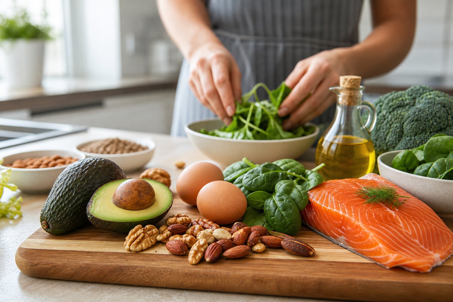 A kitchen scene with fresh keto-friendly foods like avocados, eggs, nuts, greens, and salmon being prepared on a wooden countertop.