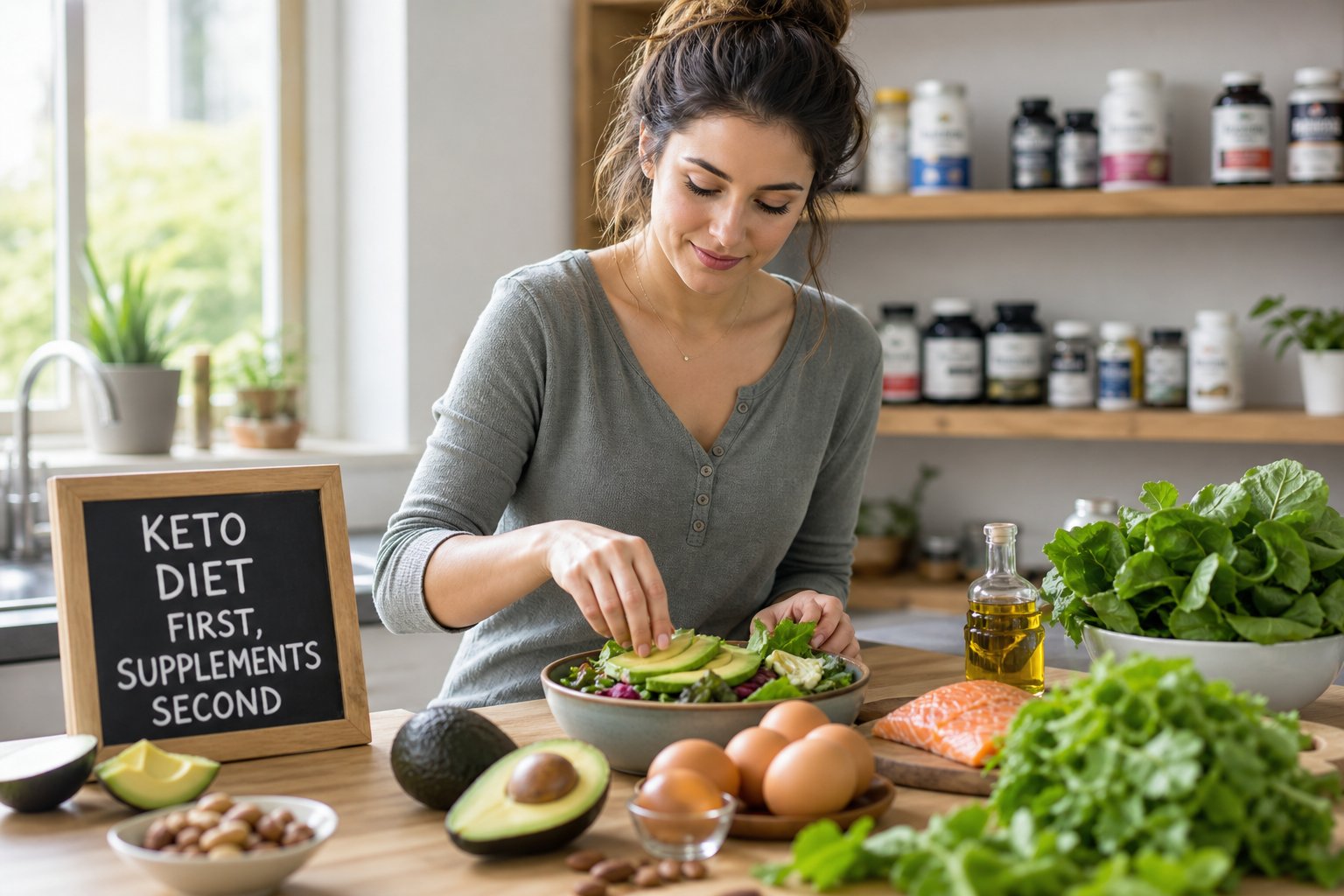 A young woman preparing a healthy keto meal with fresh ingredients in a bright kitchen, with supplement bottles visible in the background. the sign on the table shows keto diet before supplements.