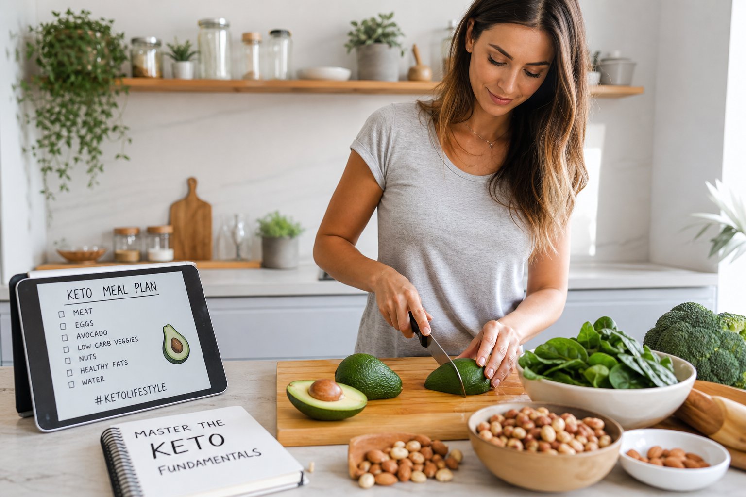 A person preparing fresh keto-friendly vegetables in a bright kitchen with a meal plan visible nearby.