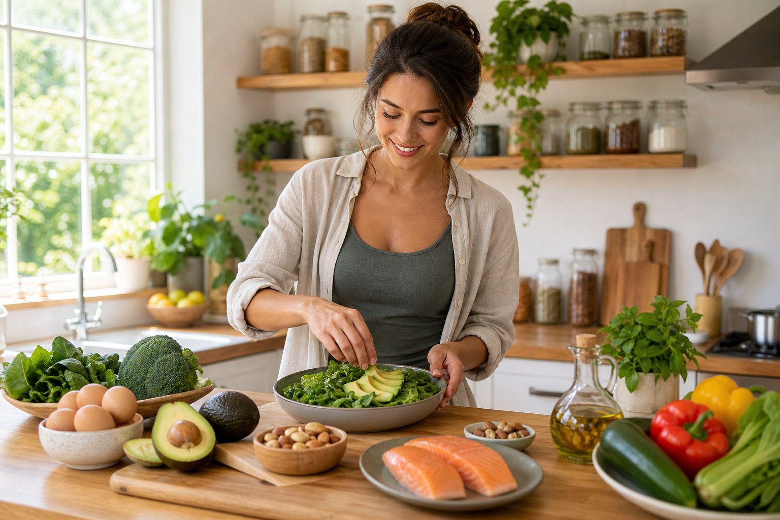 A young woman preparing a healthy keto meal with fresh vegetables and natural ingredients in a bright kitchen.