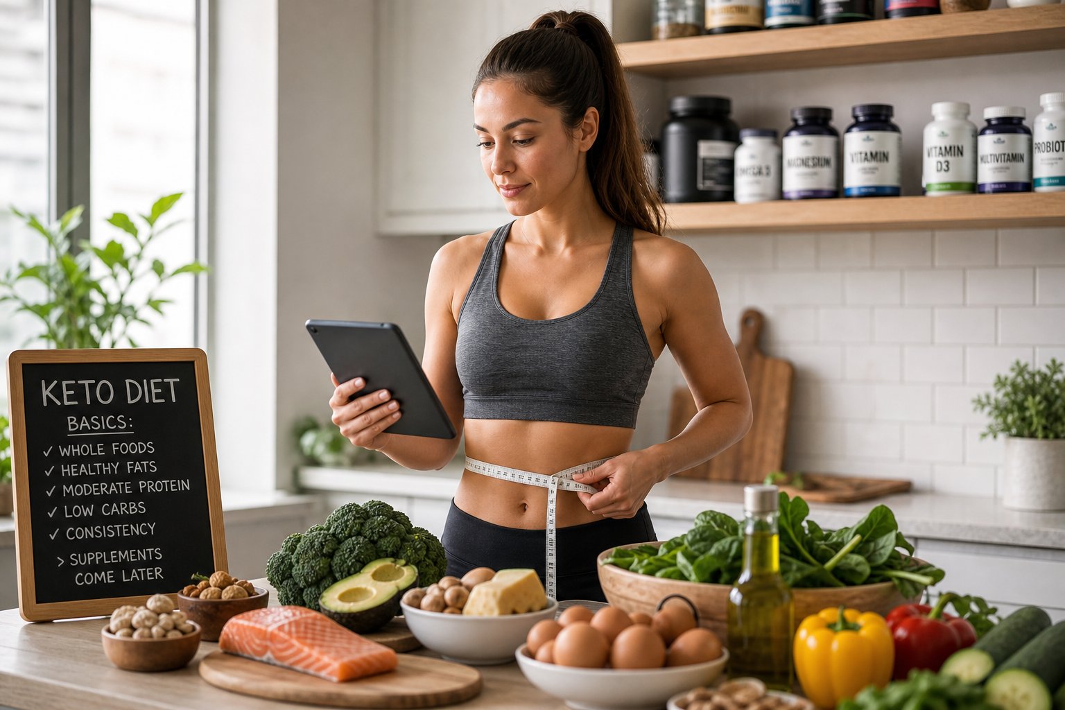 A young woman in a kitchen surrounded by fresh keto-friendly foods and supplements, looking thoughtfully at a tablet.