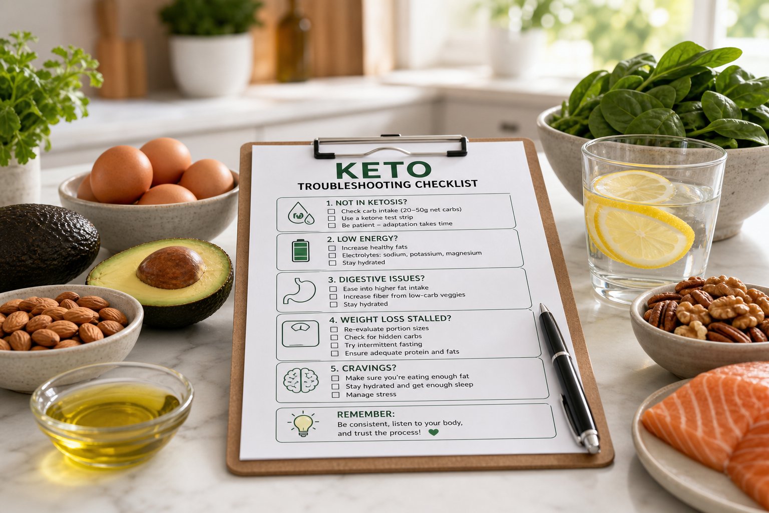A kitchen countertop with a clipboard with a sheet show keto troubleshooting checklist, pen, and keto-friendly foods like avocados, eggs, nuts, leafy greens, and a glass of water with lemon.