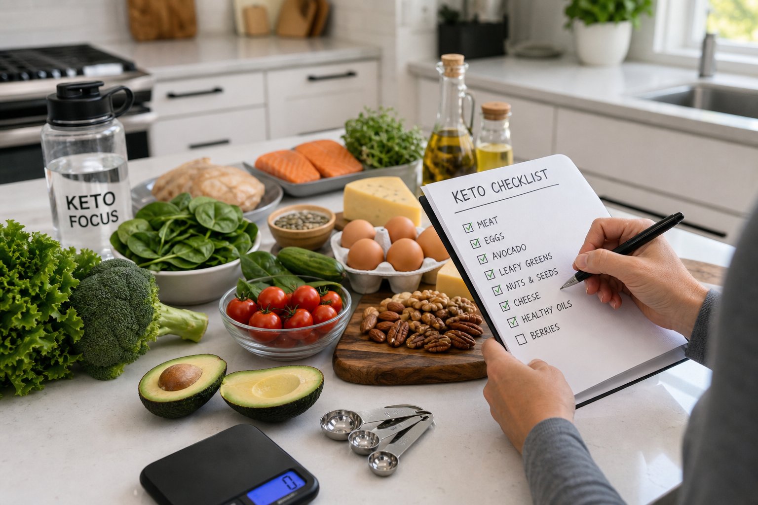 Hands holding a checklist near a kitchen counter with fresh keto-friendly foods and cooking tools.