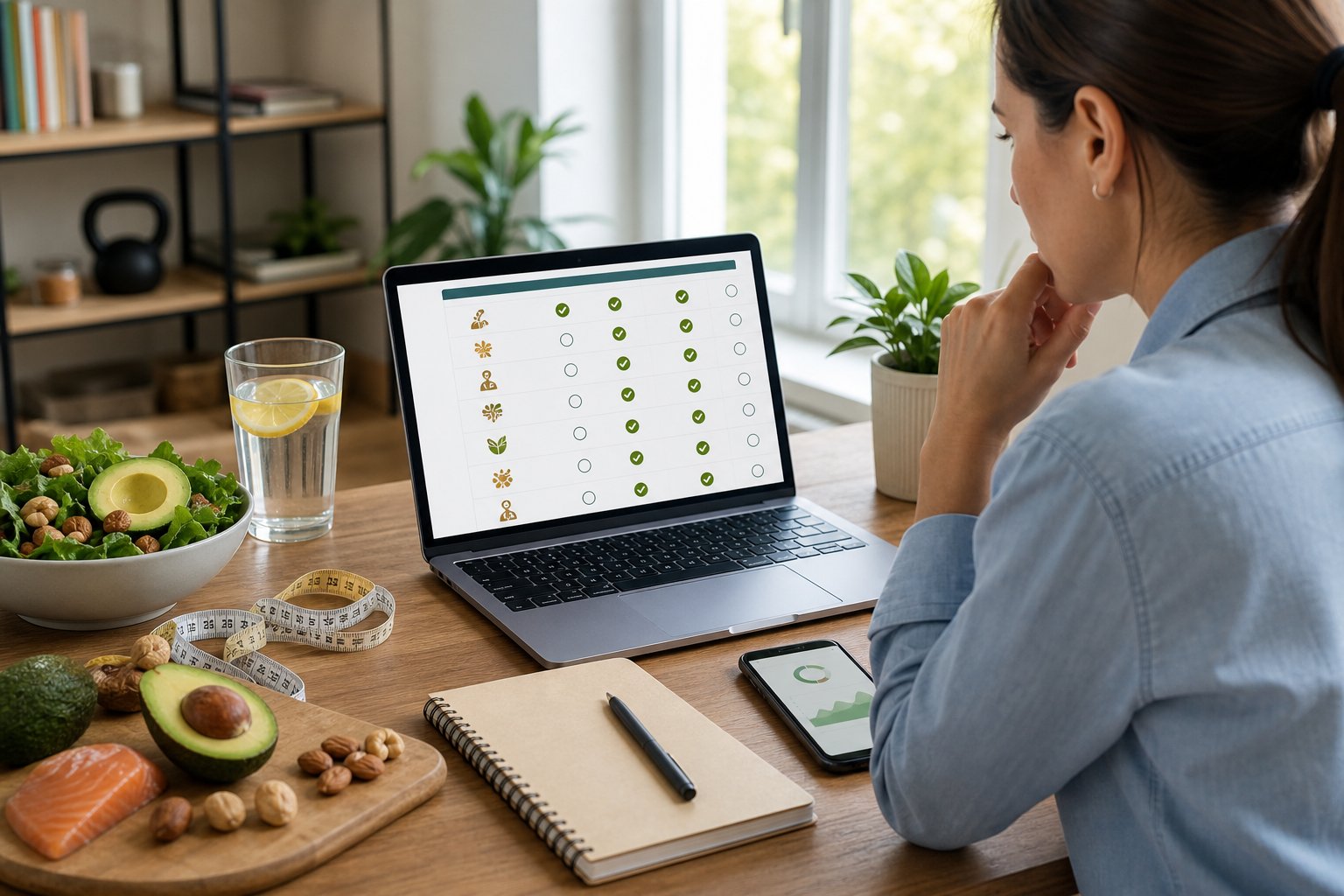 A person reviewing a keto diet checklist on a laptop at a bright desk with health-related items nearby.