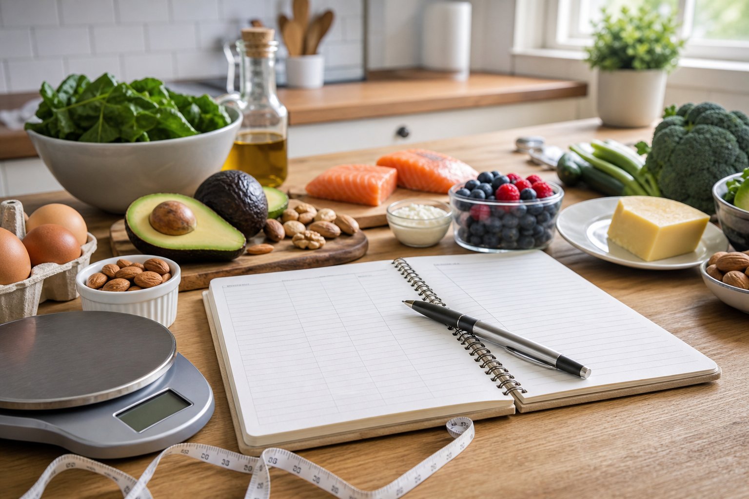 A kitchen countertop with a checklist notebook, pen, keto-friendly foods like avocados and nuts, a digital scale, and measuring tape arranged neatly under natural light.