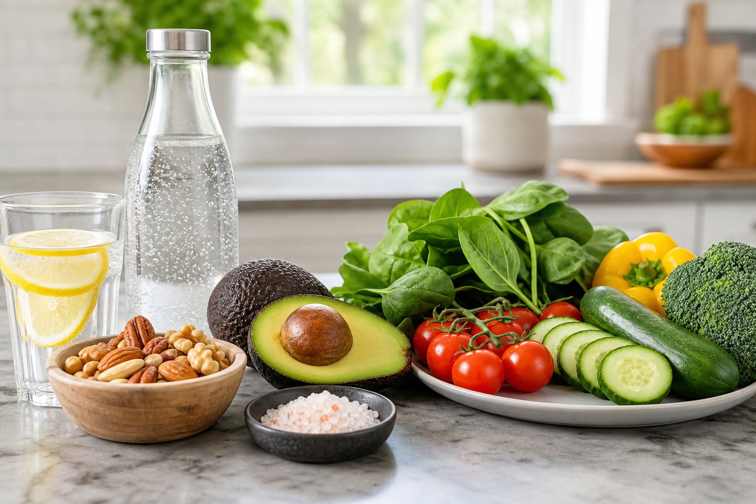 A kitchen countertop with keto-friendly foods including avocado, nuts, fresh vegetables, a glass of lemon water, salt, and mineral water bottle.