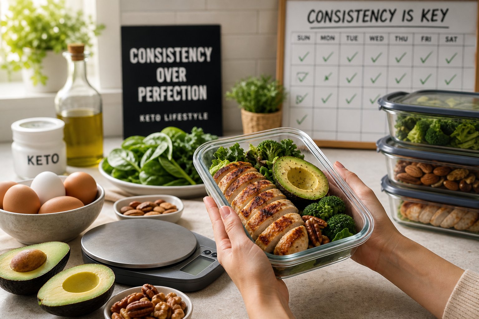 Hands holding a keto meal prep container in a kitchen with fresh keto foods and a calendar showing daily checkmarks. The blackboard also show keto consistency over perfection.