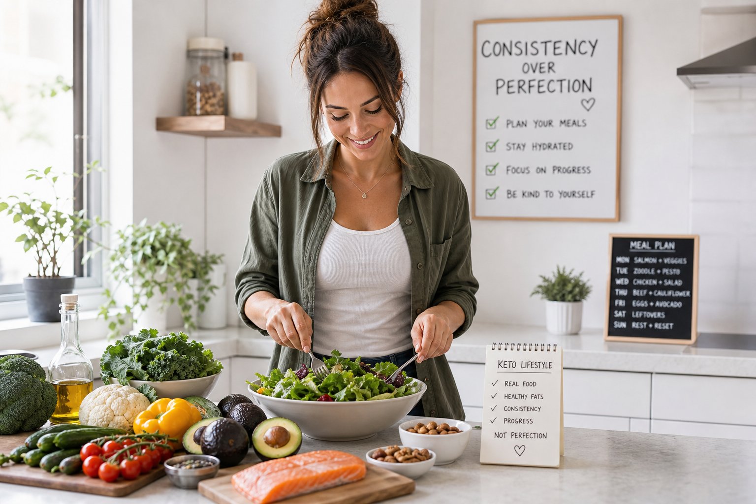A woman preparing a healthy keto meal in a bright kitchen with fresh vegetables and nuts on the countertop.