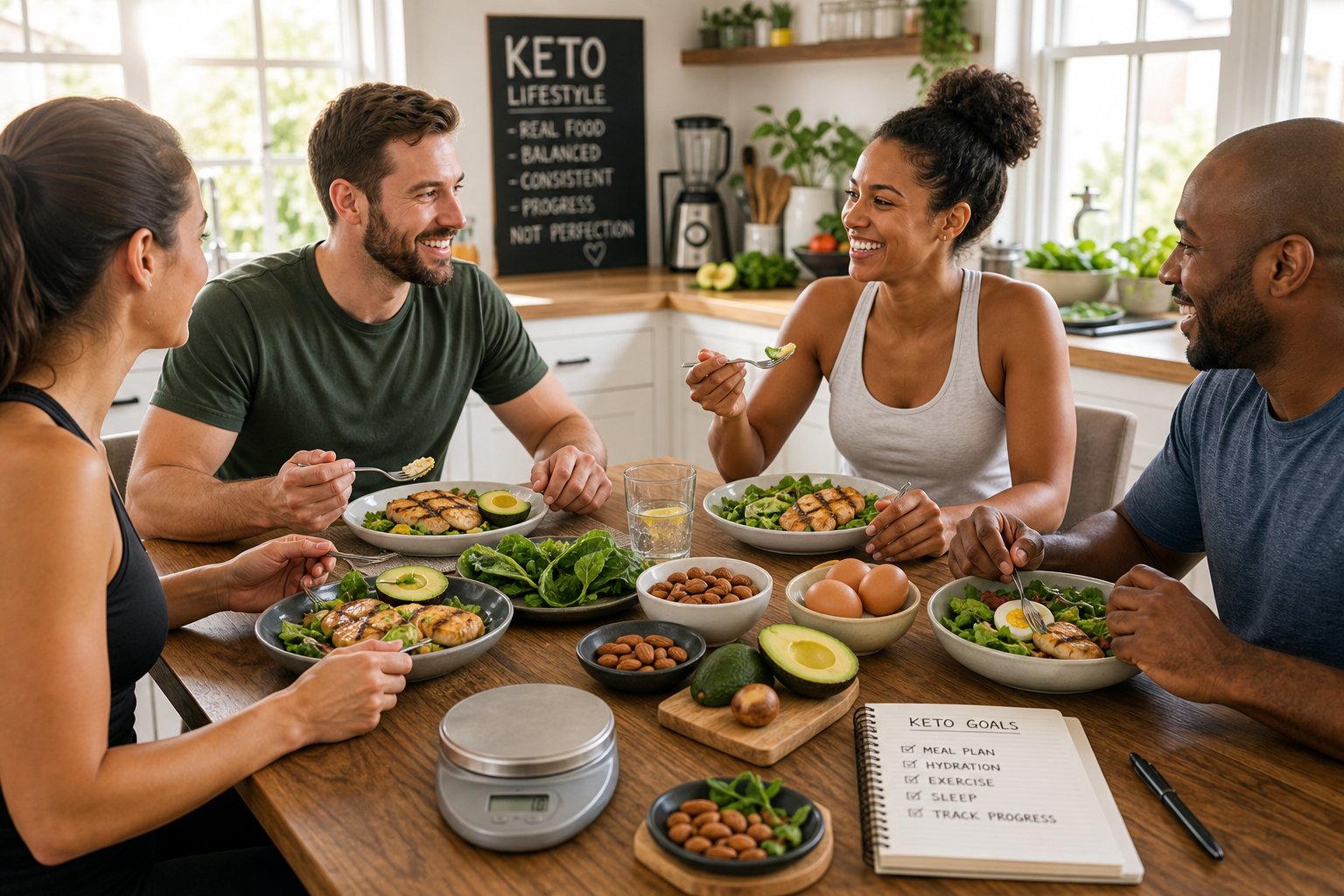 A group of people preparing and sharing a healthy keto meal together at a kitchen table, smiling and enjoying the moment.