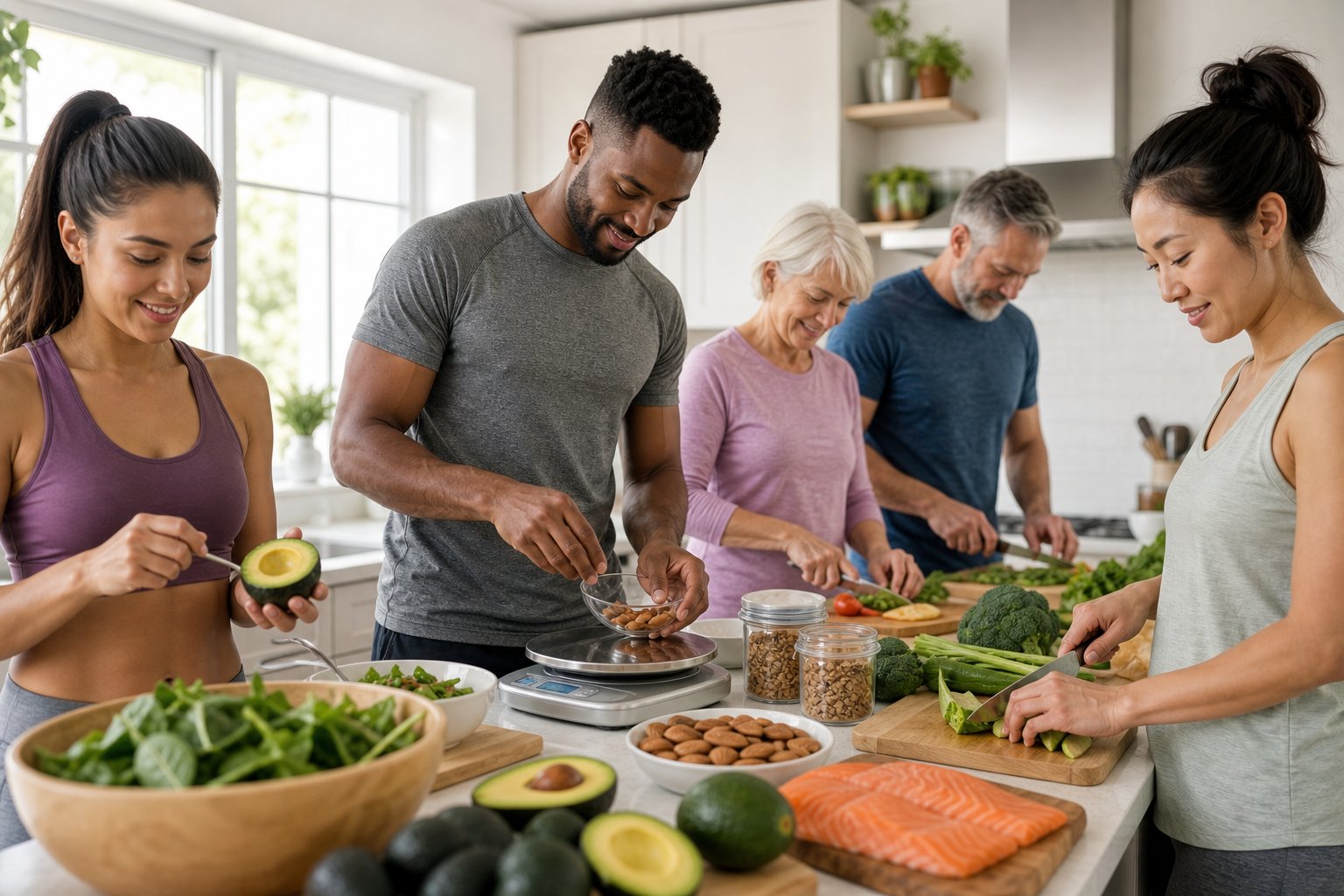 People preparing fresh keto meals together in a bright kitchen with healthy ingredients on the counter.