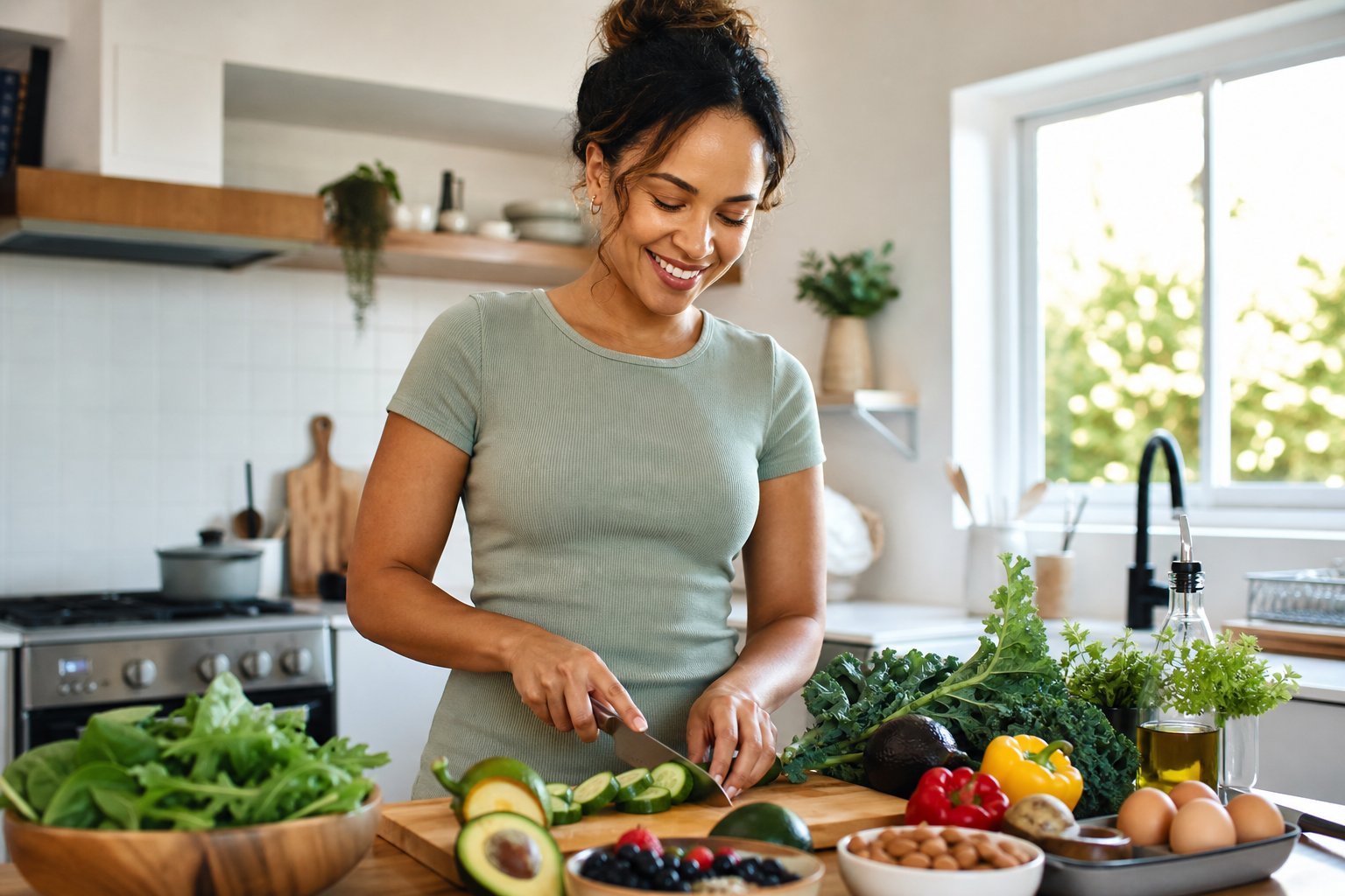 A person chopping vegetables in a bright kitchen with fresh keto ingredients on the counter.