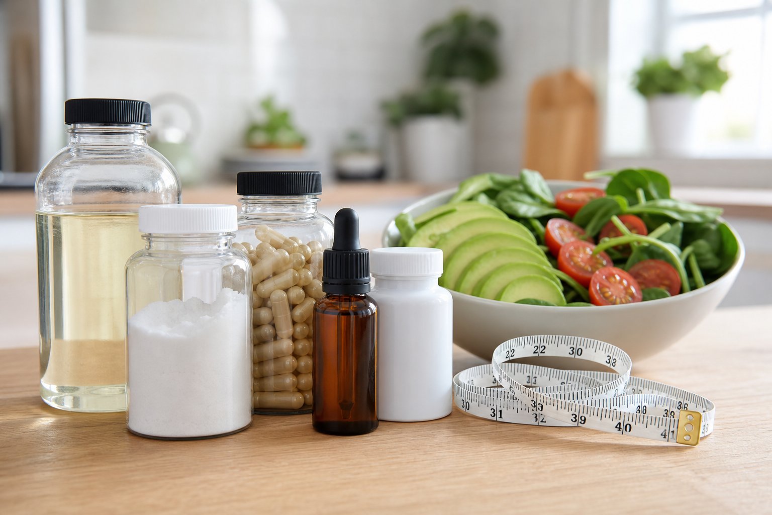 A kitchen countertop with keto supplement bottles, a measuring tape, and a bowl of fresh low-carb vegetables.