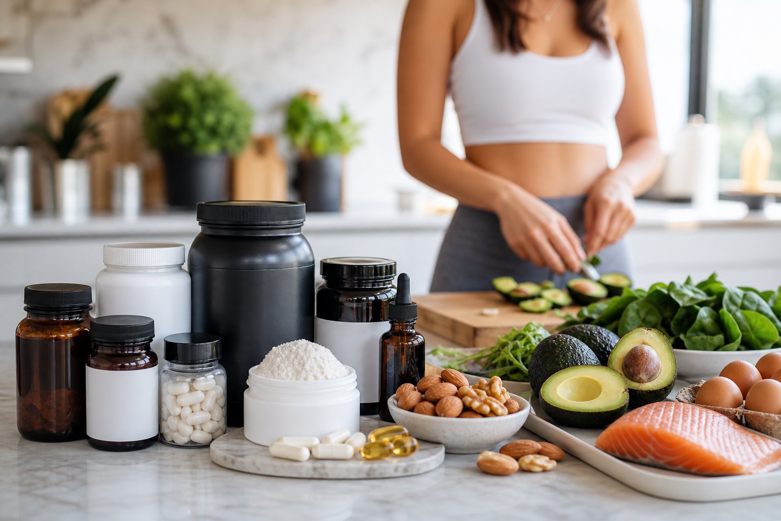 A kitchen counter with keto supplements and fresh ketogenic foods, with a person preparing a meal in the background.