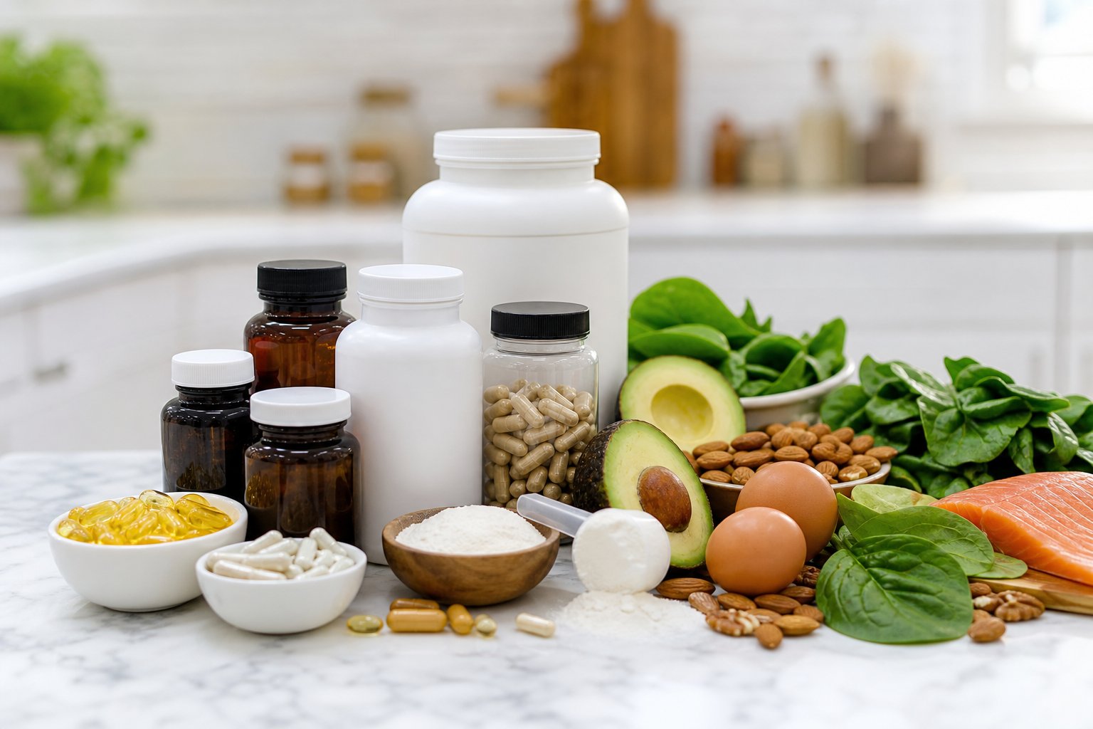 A kitchen countertop displaying keto supplement bottles alongside fresh keto-friendly foods like avocados, eggs, nuts, and leafy greens.