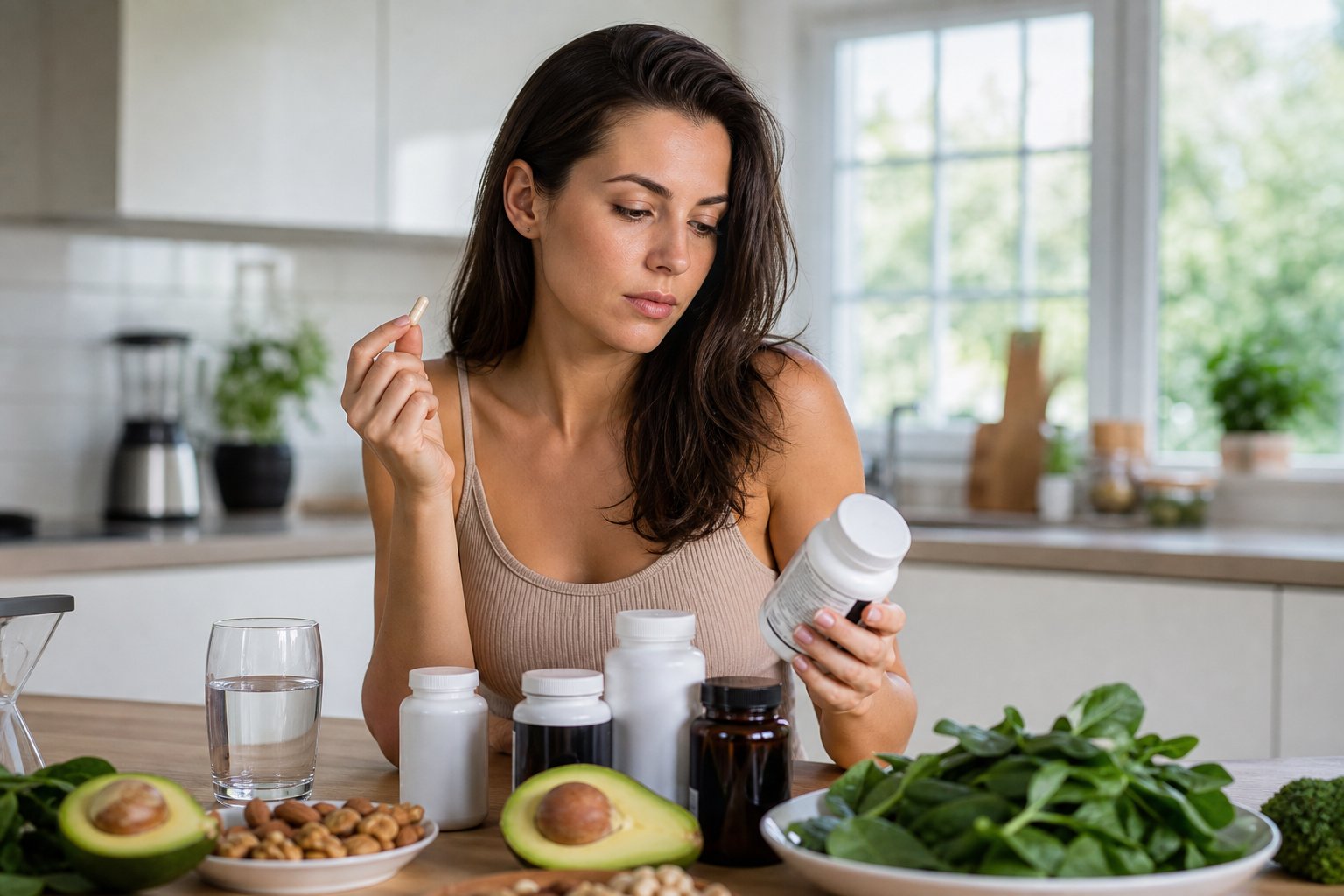 A young woman sitting at a kitchen table with keto supplements and healthy low-carb foods, looking thoughtfully at a supplement bottle.