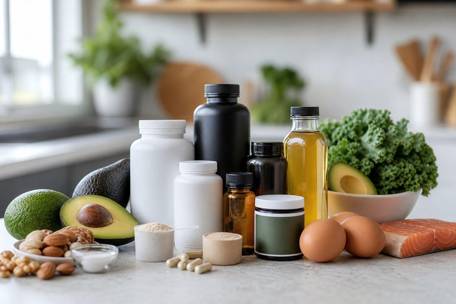 A kitchen counter displaying keto supplement bottles alongside fresh keto-friendly foods like avocados, eggs, nuts, and leafy greens.