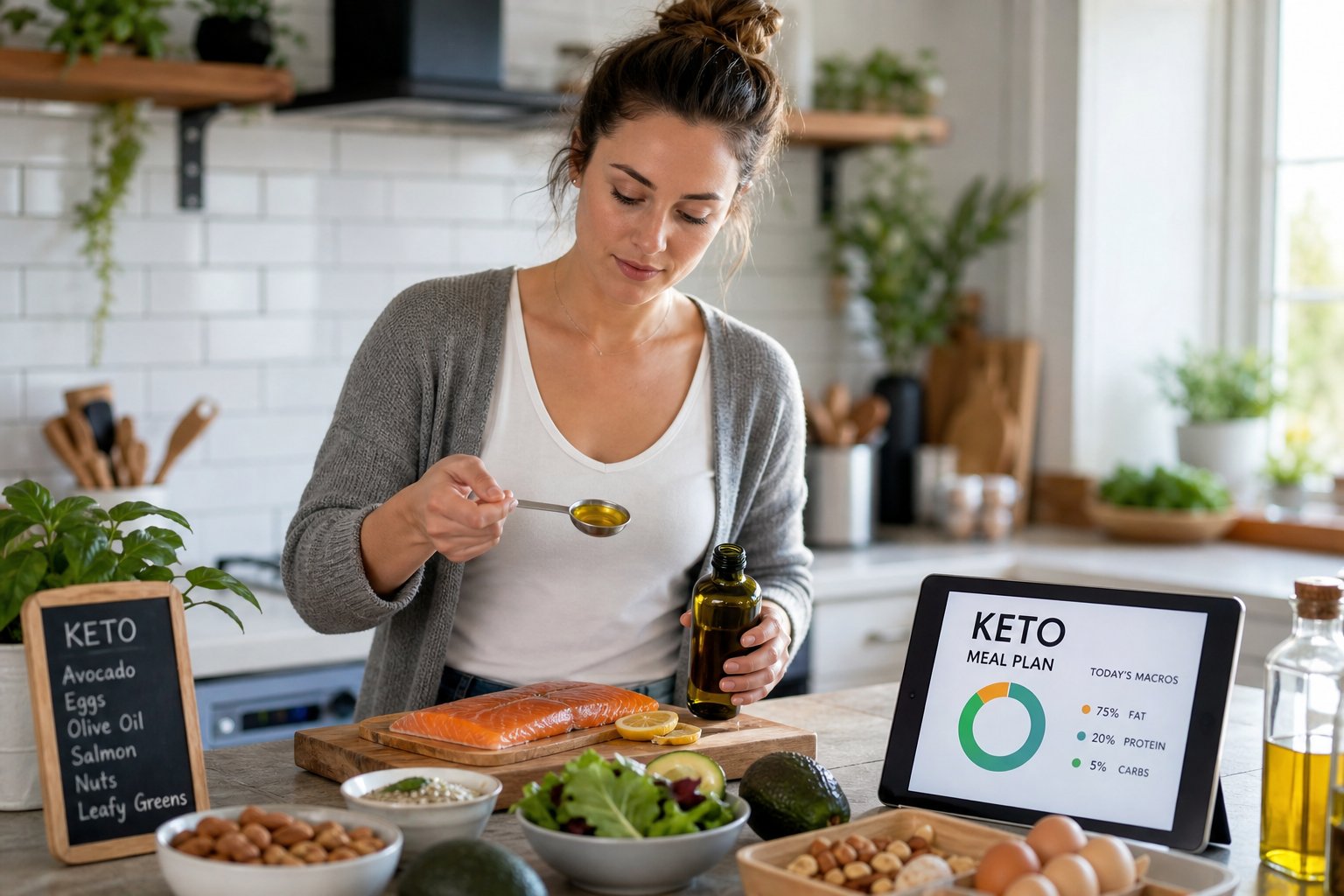 A young woman preparing a ketogenic meal in a modern kitchen, surrounded by healthy ingredients and using a digital tablet.