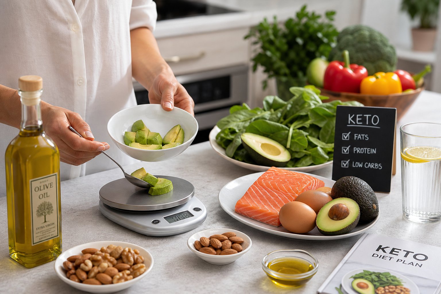 Hands preparing a balanced ketogenic meal with healthy fats and fresh vegetables on a kitchen countertop.
