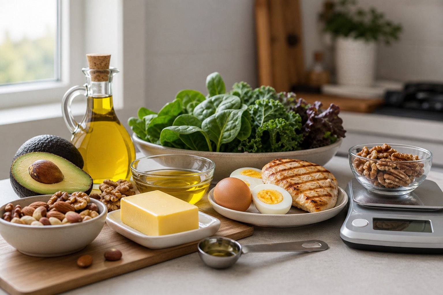 A kitchen countertop with keto-friendly foods including avocados, nuts, olive oil, butter, leafy greens, and grilled chicken, alongside a digital scale and measuring spoon.