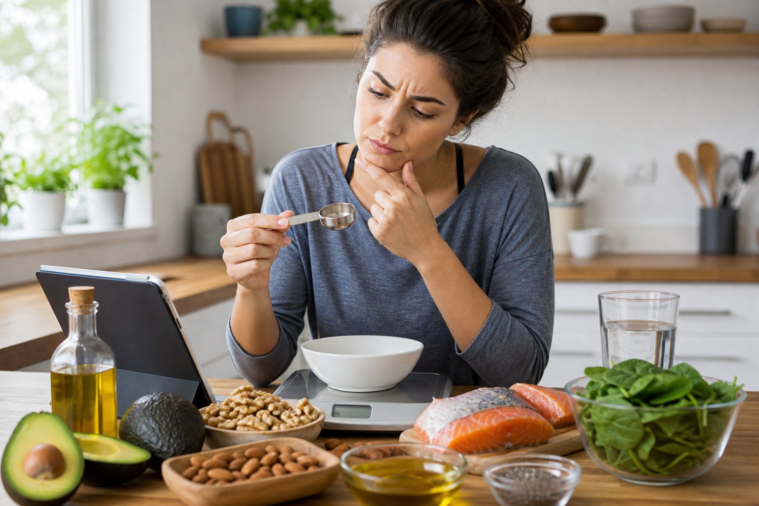 A young adult in a kitchen thoughtfully measuring keto-friendly ingredients like avocado, nuts, and olive oil on a countertop.